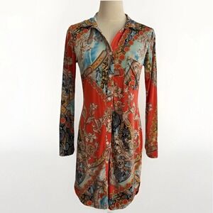 Button Up Shirt Dress Size XS Jersey Stretch Orange belting chain print Bodycon